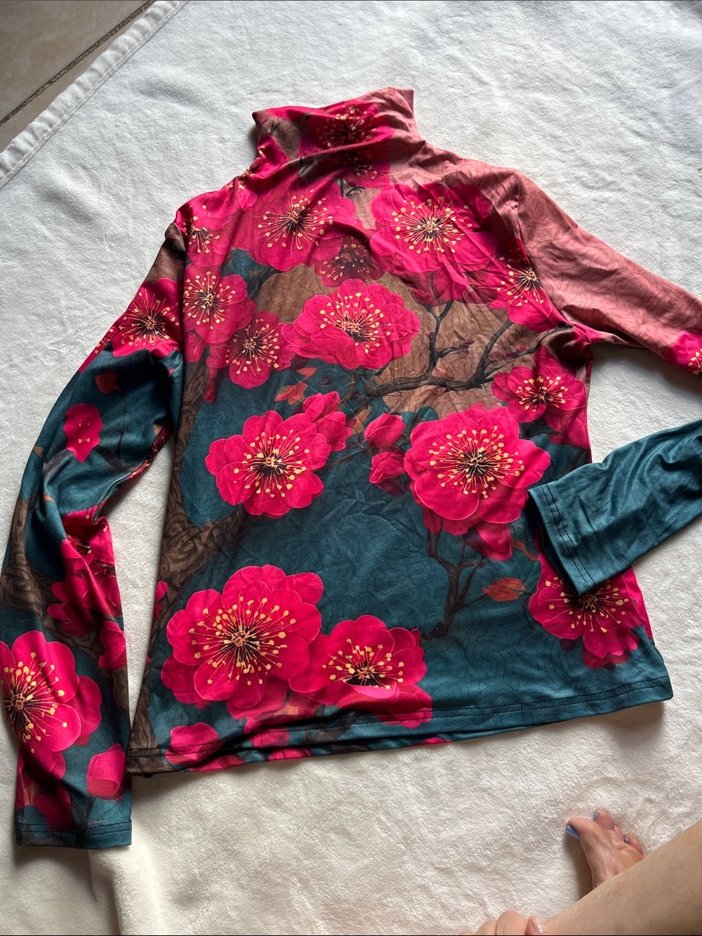 Floral Print Long-Sleeve Turtleneck Top - Pink Floral. Lightweight fabric